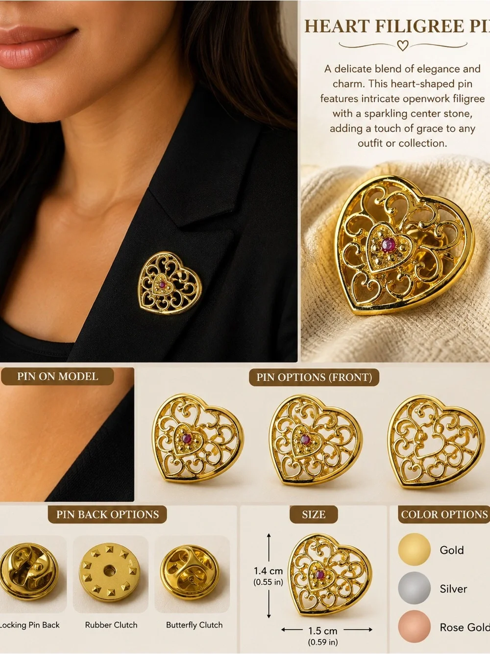 Heart Filigree Pin Brooch - Gold with Pink Center -